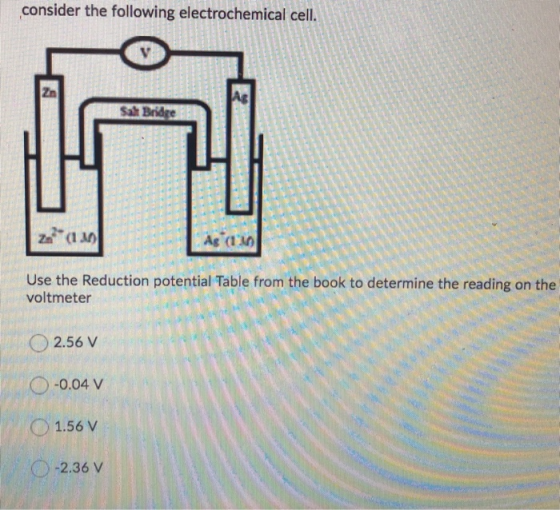consider the following electrochemical cell. V Zn Sale Bridge Zn* (120 As (1 Use the Reduction potential Table from the book