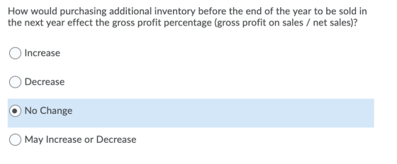 How would purchasing additional inventory before the end of the year to be sold in the next year effect the gross profit perc