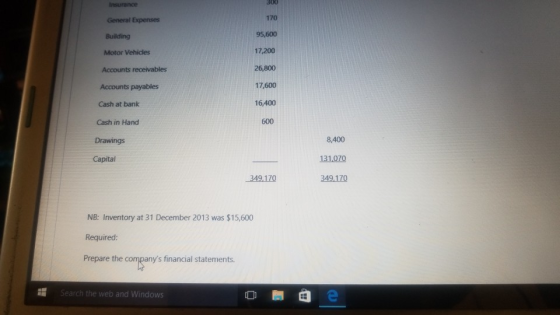 Insurance 300 General Expenses 170 Building 95,600 Motor Vehicles 17,200 Accounts receivables 26,800 Accounts payables 17,600
