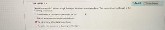 1.8 points Saving Answer QUESTION 53 Examination of cell X reveals a high density of ribosomes in the cytoplasm. This observa