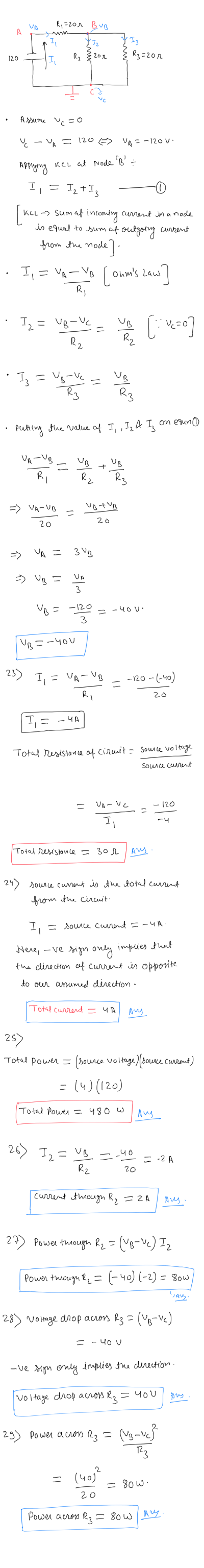 Ri=20r Bub VA A Iz R₂ 200 Iz R3=202 120 Assume uc=0 V - YA = 120 > 1A=-120 V Applying Kel at Node B - Il Iz t Iz [ка. KLL->
