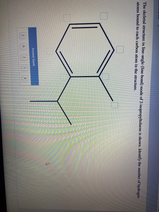 The skeletal structure in line-angle (line-bond) mode of 2-isopropyltoluene is shown. Identify the number of hydrogen atoms b