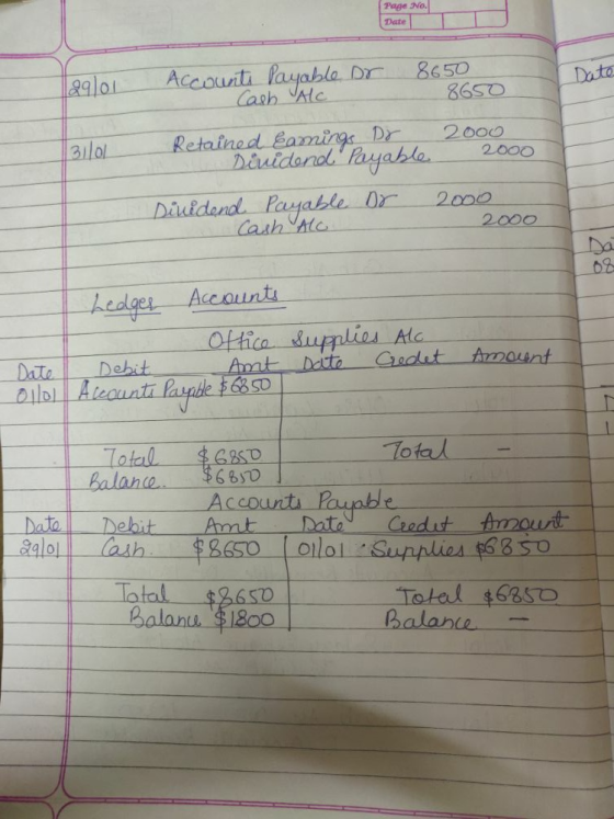 Page No. Date Date 29]01 31101 Accounts Payable Dr 8650 Cash Alc 8650 Retained Eamings Dy 2000 Dividend payable 2000 Dividend
