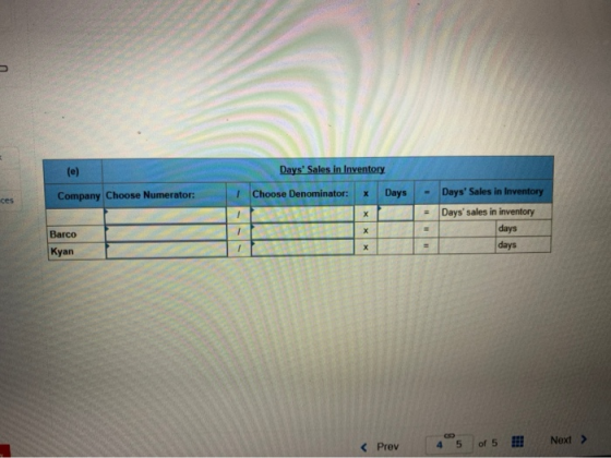 (e) Days Sales In Inventory Choose Denominator: X Days Company Choose Numerator: - Days Sales in Inventory = Days sales in
