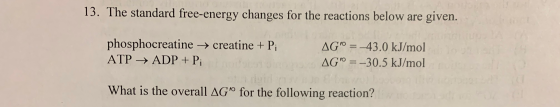 13. The standard free-energy changes for the reactions below are given. phosphocreatine → creatine + Pi ATP → ADP + Pi AG =