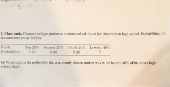 3. Class rank. Choose a college student at random and ask his or her class rank in high school. Probabilities for the outcome