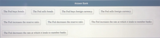 Answer Bank The Fed sells foreign currency The Fed buys bonds The Fed sells bonds The Fed buys foreign currency The Fed decre