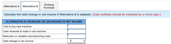 Alternative A Alternative B Xinhong Purchase Calculate the total change in net income if Alternative B is adopted. (Cash outf