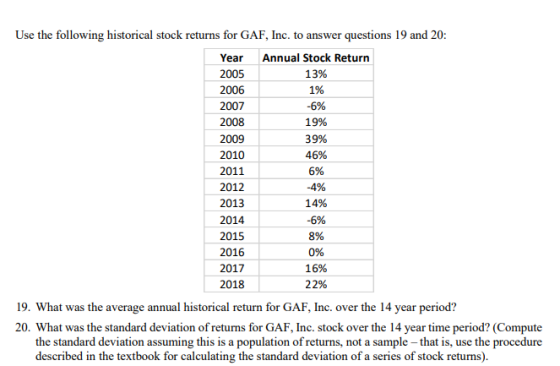 Use the following historical stock returns for GAF, Inc. to answer questions 19 and 20: Annual Stock Return Year 2005 13% 200