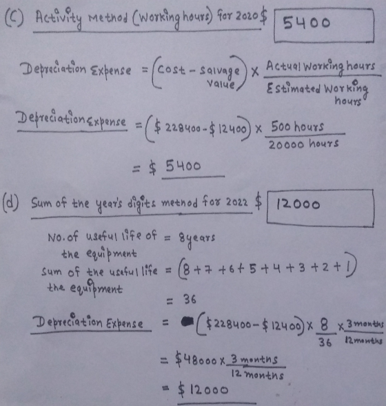 (c) Activity method (working hours) for 2020 $ 5400 Value Depreciation Expense = [cost - saivage) x Actual working hours Esti