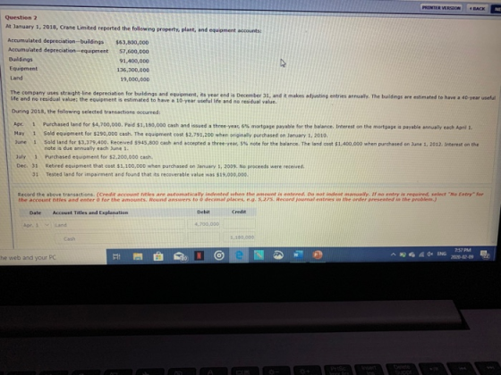 BACK NE Question 2 At January 1, 2018, Crane Limited reported the following property Accumulated depreciation--buildings Accu