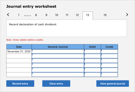 Journal entry worksheet < 1 ..... 8 9 10 11 12 13 15 > Record declaration of cash dividend. Note: Enter debits before credits