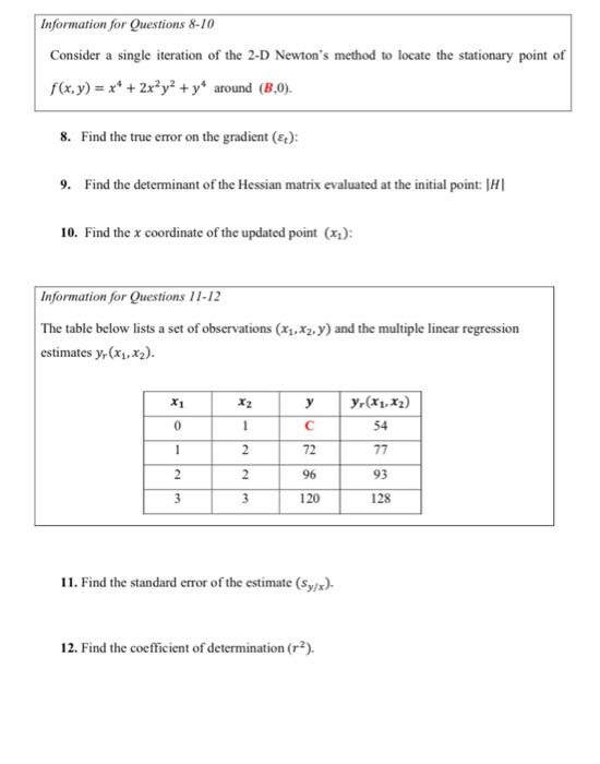 Information for Questions 8-10 Consider a single iteration of the 2-D Newtons method to locate the stationary point of f(x,y