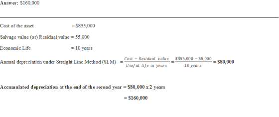 Answer: $160,000 Cost of the asset = $855,000 Salvage value (or) Residual value = 55,000 Economic Life = 10 years Cost - Resi