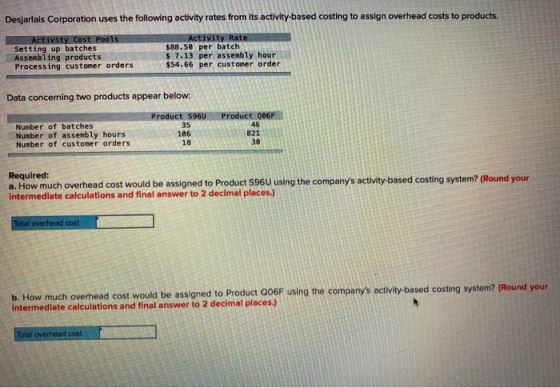 Desjarlais Corporation uses the following activity rates from its activity-based costing to assign overhead costs to products