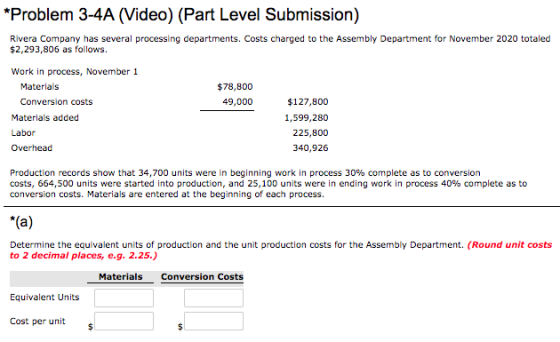 *Problem 3-4A (Video) (Part Level Submission) Rivera Company has several processing departments. Costs charged to the Assembl
