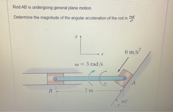 Rod AB is undergoing general plane motion. Determine the magnitude of the angular acceleration of the rod in rad y + 6 m/s X