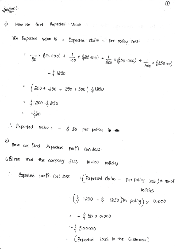 He ho fin &xpected Valuo The &xpecte Value is - Expected cbi - per policy Cest 50 100 aoo 500 - S1850 $50 .. expected value 50 peo policy Here coe fiod &xpecled pf)Joss 6iven Hot e Coopny Sells 10,000 policiej · Expected pofit Co») loss :( Expected claim-pev policy cest) * No.of polices x lo,ooo 50 x lo 0oo -S 50000c Expected losS to he CaSto