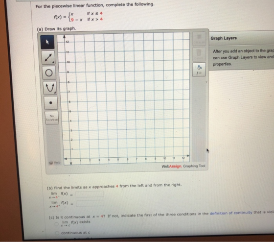 For the piecewise linear function, complete the following. if x 54 19-X if x > 4 (a) Draw its graph. Fx) = {-x Graph Layers 1