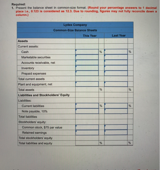Required: 1. Present the balance sheet in common-size format. (Round your percentage answers to 1 decimal place i.e., 0.123 i