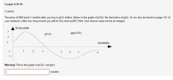 Cooper 8.10.10 (1 point) The price of IBM stock t months after you buy is p(t) dollars. Below is the graph of p (t), the der