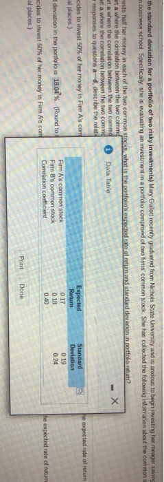 the standard deviation for a portfolio of two risky investments) Mary Gulott recently graduated from Nichols State University