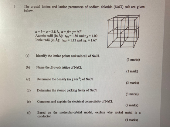 The crystal lattice and lattice parameters of sodium chloride (NaCl) salt are given below. a = b = c = 2.8 A, a=B=y=90° Atomi