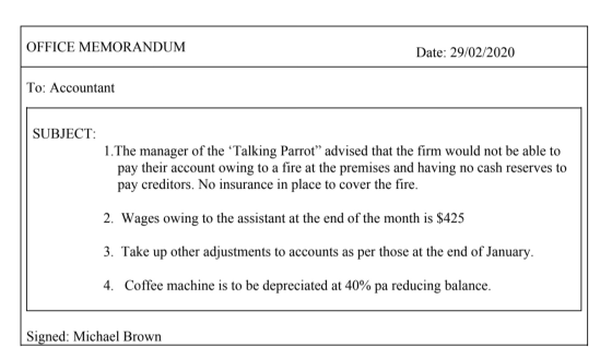 OFFICE MEMORANDUM Date: 29/02/2020 To: Accountant SUBJECT: 1.The manager of the ‘Talking Parrot” advised that the firm would