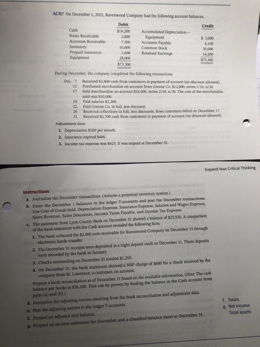 ACR7 On December 1, 2022, Ravenwood Company had the following account balances. Debit Credit Cash $18,200 Accumulated Depreci
