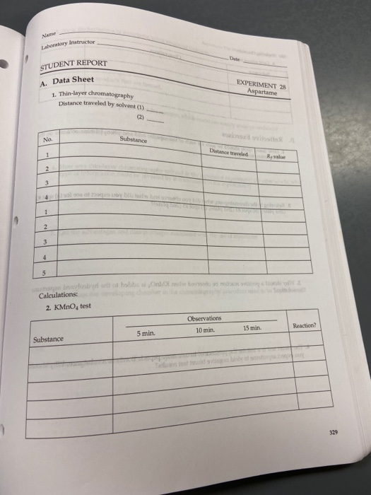 Laboratory Instructor STUDENT REPORT A. Data Sheet EXPERIMENT 28 Aspartame 1. Thin-layer chromatography Distance traveled by