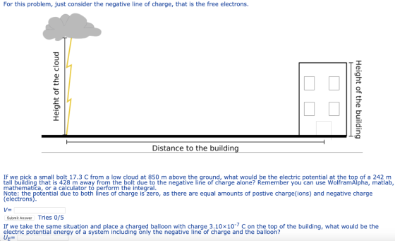 For this problem, just consider the negative line of charge, that is the free electrons. Distance to the building If we pick a small bolt 17.3 C from a low cloud at 850 m above the ground, what would be the electric potential at the top of a 242 m tall building that is 428 m away from the bolt due to the negative line of charge alone? Remember you can use WolframAlpha, matlab, talthuirdanic thata tor Derrorh the indeug to. the negative li edtetrhs potential due to both lines of charge lis zero, as there are equal amounts of postivechgons) and negative charg Note: the potential due to both lines of charge is zero, as there are equal amounts of postive charge(ions) and negative charge Submit Answer Tries 0/5 If we take the same situation and place a charged balloon with charge 3.10x10-7 c on the top of the building, what would be the electric potential energy of a system including only the negative line of charge and the balloon? UE