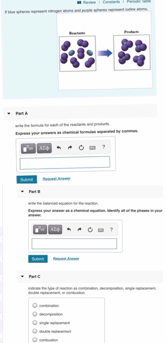 Review1 ConstantsT Periodic Tabie blue spheres represent nitrogen atoms and purple spheres represent iodine atoms Products Re