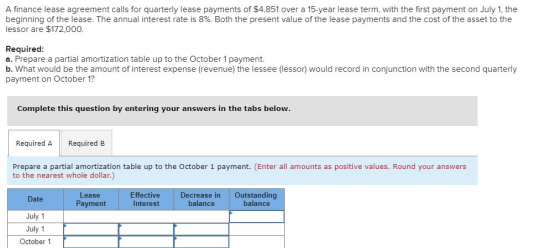 A finance lease agreement calls for quarterly lease payments of $4,851 over a 15-year lease term, with the first payment on J