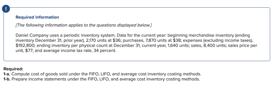 Required information (The following information applies to the questions displayed below.] Daniel Company uses a periodic inv