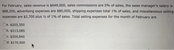 For February, sales revenue is $649,000, sales commissions are 5% of sales, the sales managers salary is $88,200, advertisin