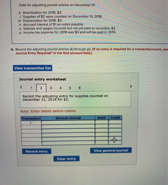 Data for adjusting journal entries on December 31: k. Amortization for 2018, $3. 1. Supplies of $2 were counted on December 3