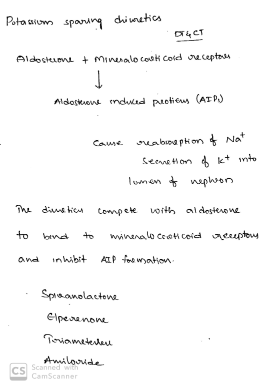 Potassium sparing diuretics . DI&CT Aldosterone + Minesalo colticoid receptors Aldosterone induced peotitus (AIPs) cause reab