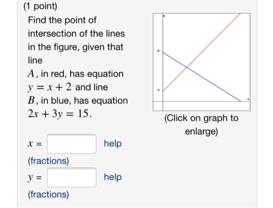 (1 point) Find the point of intersection of the lines in the figure, given that line A, in red, has equation y = x + 2 and li
