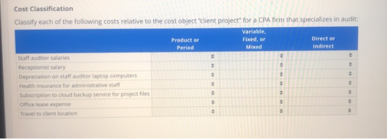 Cost Classification Classify each of the following costs relative to the cost object Client project for a CPA firm that spe