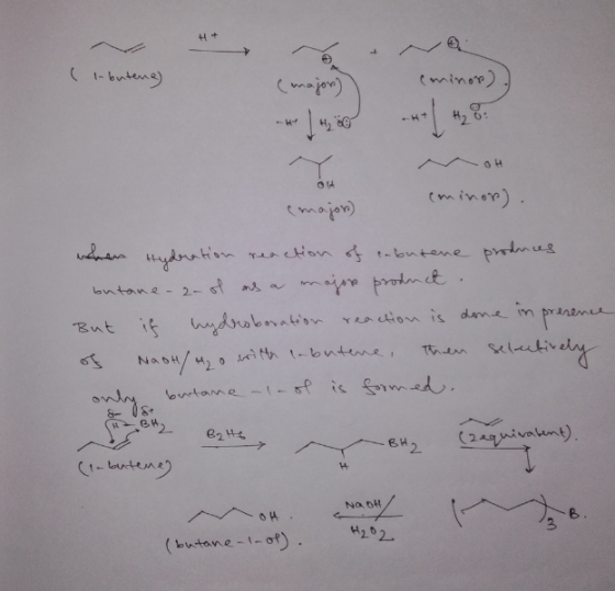 44 + ( - butene) (major) 044 two roo) (minor). nalen Hydration reaction of inbutene produces butane-2- of ons a major product