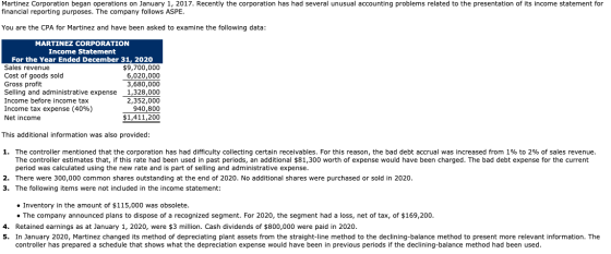 Martinez Corporation began operations on January 1, 2017. Recently the corporation has had several unusual accounting problem