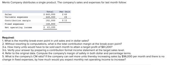 Menlo Company distributes a single product. The companys sales and expenses for last month follow: Sales Variable expenses C