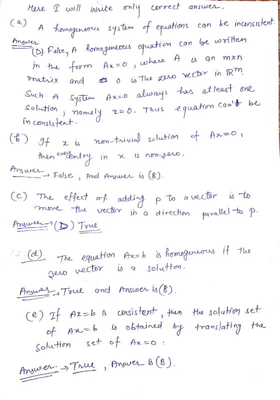 Ca) systa f equations can be incensistent Fahe, A Romoganeous equatiom con be writen nd 떼 ㆁ О.tlu ano.vcCtYintRm Solution z i