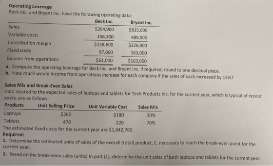 Operating Leverage Beck Inc. and Bryant Inc. have the following operating data: Beck Inc. Bryant Inc. Sales $264,900 $815,000
