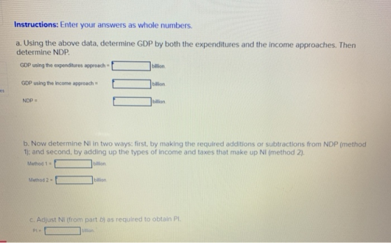 Instructions: Enter your answers as whole numbers. a. Using the above data, determine GDP by both the expenditures and the in