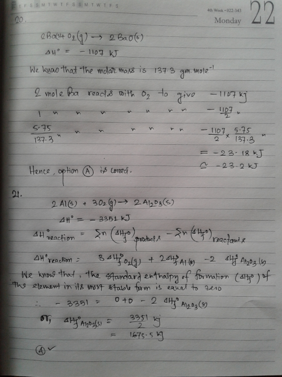 22 F S S M T WTFSS M T W TF S 4th Week 022-343 20 Monday 2 Bao6) -110 kJ We kuao that The molar mars is 137-3 -1 m Mote 2 mol