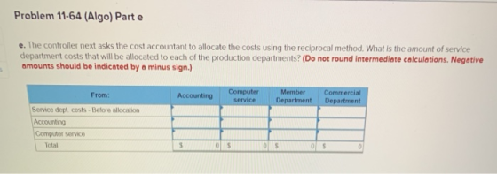 Problem 11-64 (Algo) Part e e. The controller next asks the cost accountant to allocate the costs using the reciprocal method