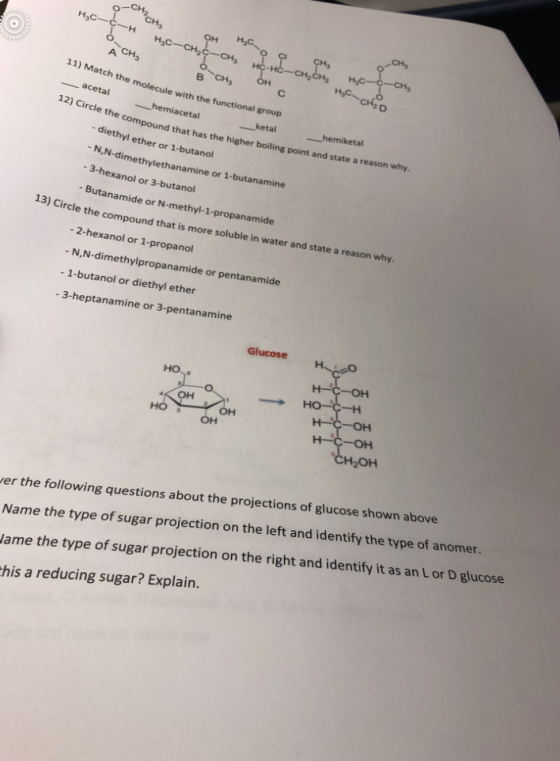 он нас A CH3 B CHa 11) Match the molecule wi acetal 12) Circle the th the functional group _hemiacetal _ketal compound that h