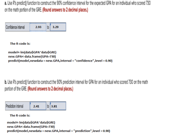 a. Use Rs predict/ function to construct the 90% confidence interval for the expected GPA for an individual who scored 730 o