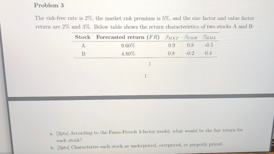 Problem 3 The risk-free rate is 2%, the market risk premium is 5%, and the size factor and value factor return are 2% and 3%.